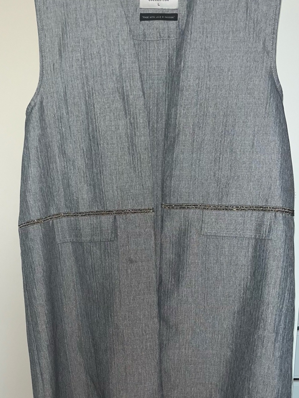 Gray Sleeveless Long Vest with Decorative Trim - Unbranded